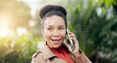 Phone call, woman and smile outdoor in nature with communication, networking or technology for business. Black person, face and smartphone with happiness for conversation, discussion or chat in park