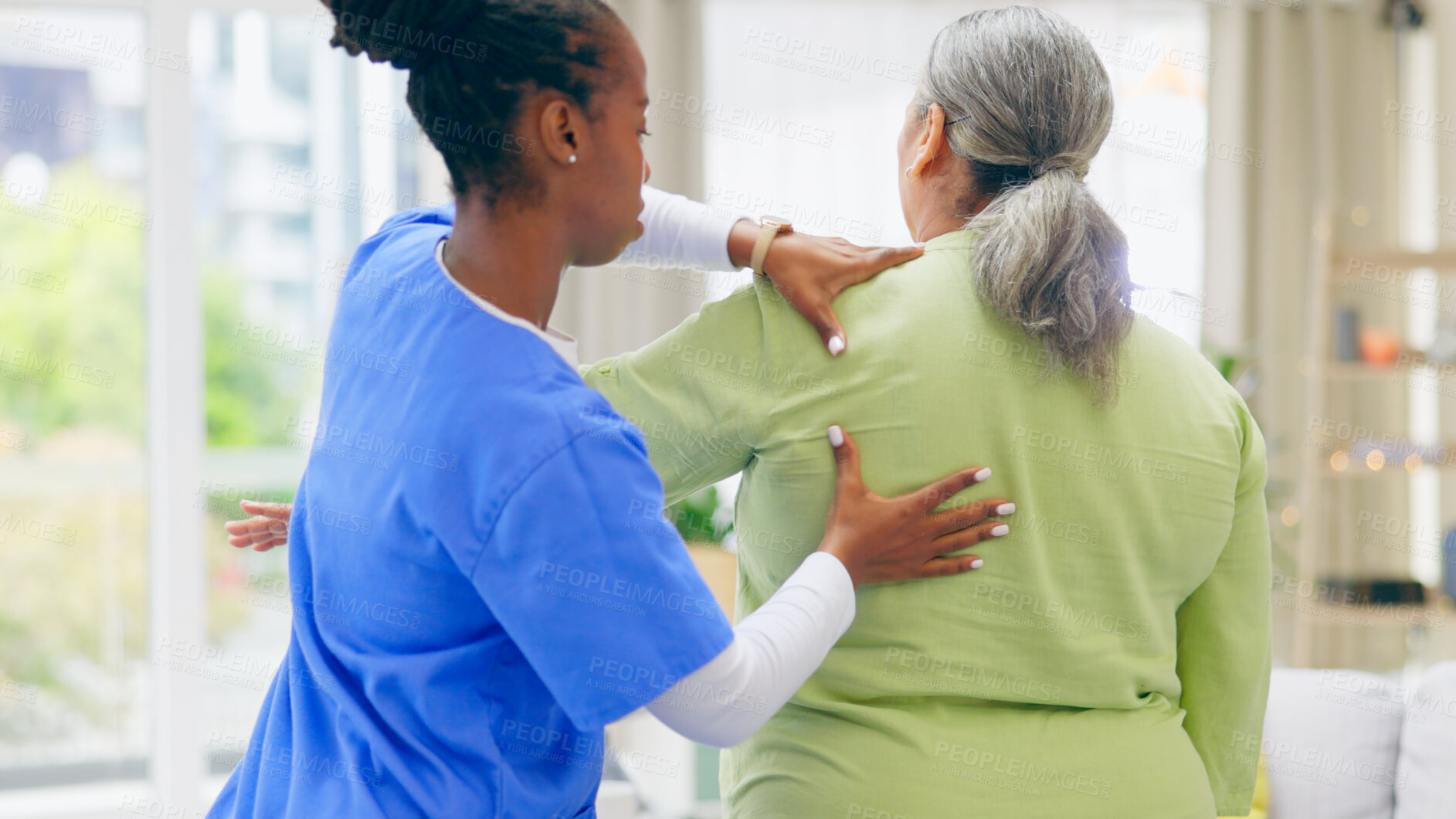 Buy stock photo Senior woman, nurse and chiropractor for back, physical therapy and spinal injury in retirement. Elderly person, caregiver and rehabilitation or support, trust and healthcare for wellness or help