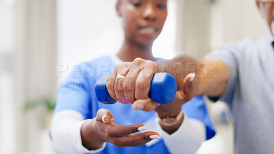 Nurse, old man and dumbbell with physical therapy, exercise and health with wellness, treatment and recovery. Closeup, hands and physiotherapist with pensioner, elderly guy and healing with fitness
