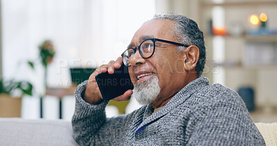 Buy stock photo Senior man, happy and phone call on sofa with thinking, talking and contact in home living room. Elderly person, smartphone and smile for communication, conversation or relax on lounge couch in house