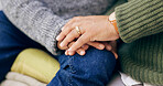 Holding hands, couple and bonding in closeup for marriage, support and trust in relationship. Security, hope and care in unity, empathy and man or woman gratitude, closeup and love in commitment