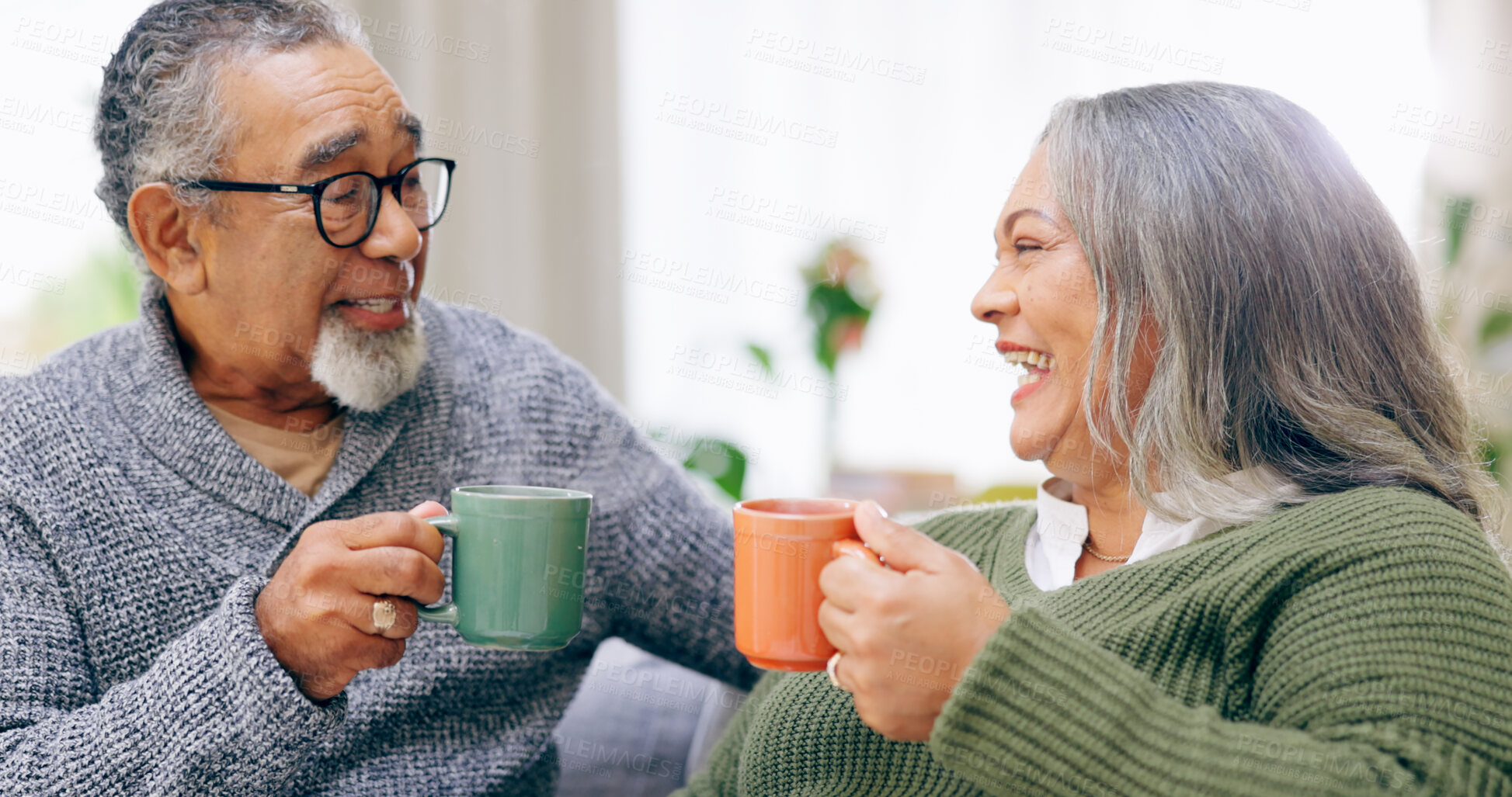 Buy stock photo Senior couple, conversation and happy for coffee, home and retired for love, relax and enjoy. Retirement, old age and elderly in house, bonding together and quality time for discussion, man and woman