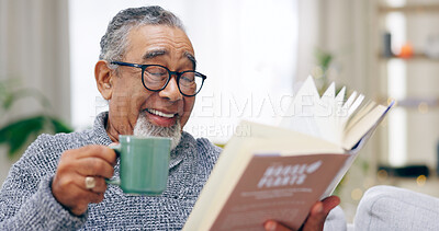 Buy stock photo Senior man, book and coffee on sofa with smile, reading or relax in retirement in home living room. Elderly person, literature and happy with tea cup for knowledge, thinking and drink on lounge couch