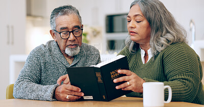 Buy stock photo Reading book, old couple or bible in home for faith, religion or God with hope for worship in house. Studying Jesus Christ, holy spirit or Christian people learning literature or spiritual prayer 