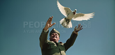 Buy stock photo Military leader throwing white dove in air. Symbol of peace. Peace concept.