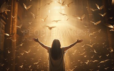 Buy stock photo Silhouette of young person with  open arms. multiple doves flying free. Peace concept.