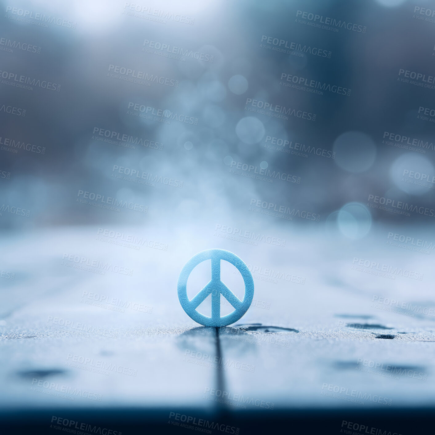 Buy stock photo Small peace symbol on table. Blurred, clear backdrop. Peace concept.