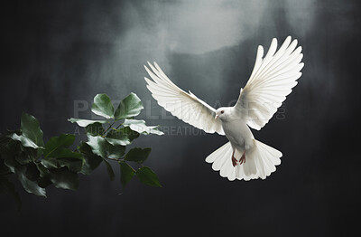 Buy stock photo Peace illustrated by white dove. Green branch. Peace concept.