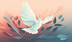 Illustration of soaring white dove. Olive branch. Peace concept.