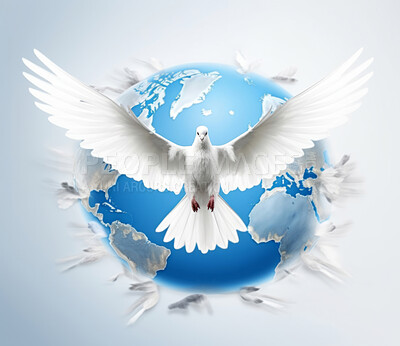 Buy stock photo Illustration of white dove soaring over earth. World peace concept.