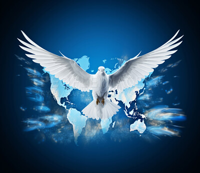 Illustration of white dove soaring over earth. World peace concept.