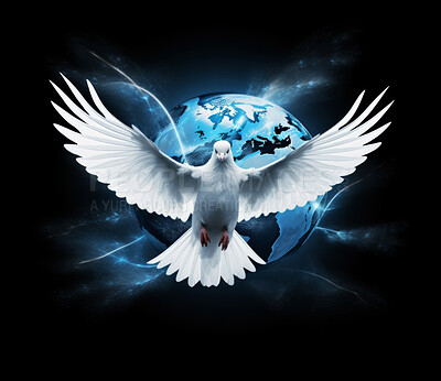 Illustration of white dove soaring over earth. World peace concept.