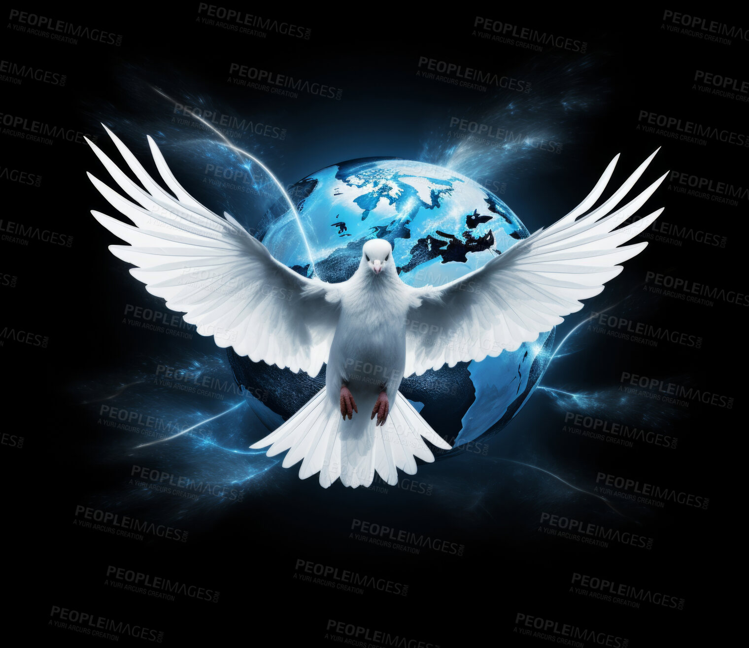 Buy stock photo Illustration of white dove soaring over earth. World peace concept.