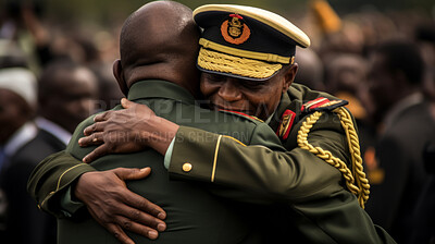 Men in military uniform embracing in peace. Peace concept.