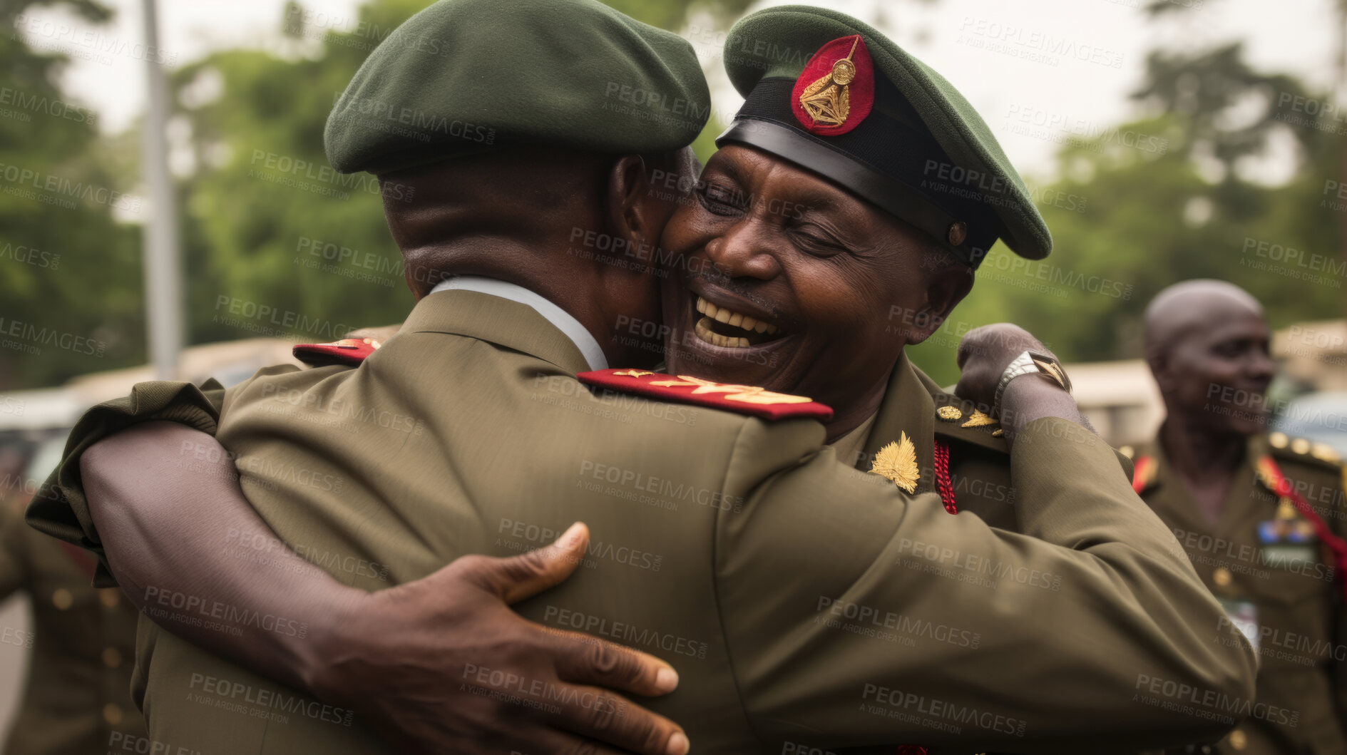 Buy stock photo Men in military uniform embracing in peace. Peace concept.