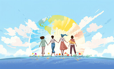 Illustration of group of people holding hands. Peace concept.
