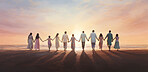 Illustration of group of people holding hands facing sunset. Peace concept.