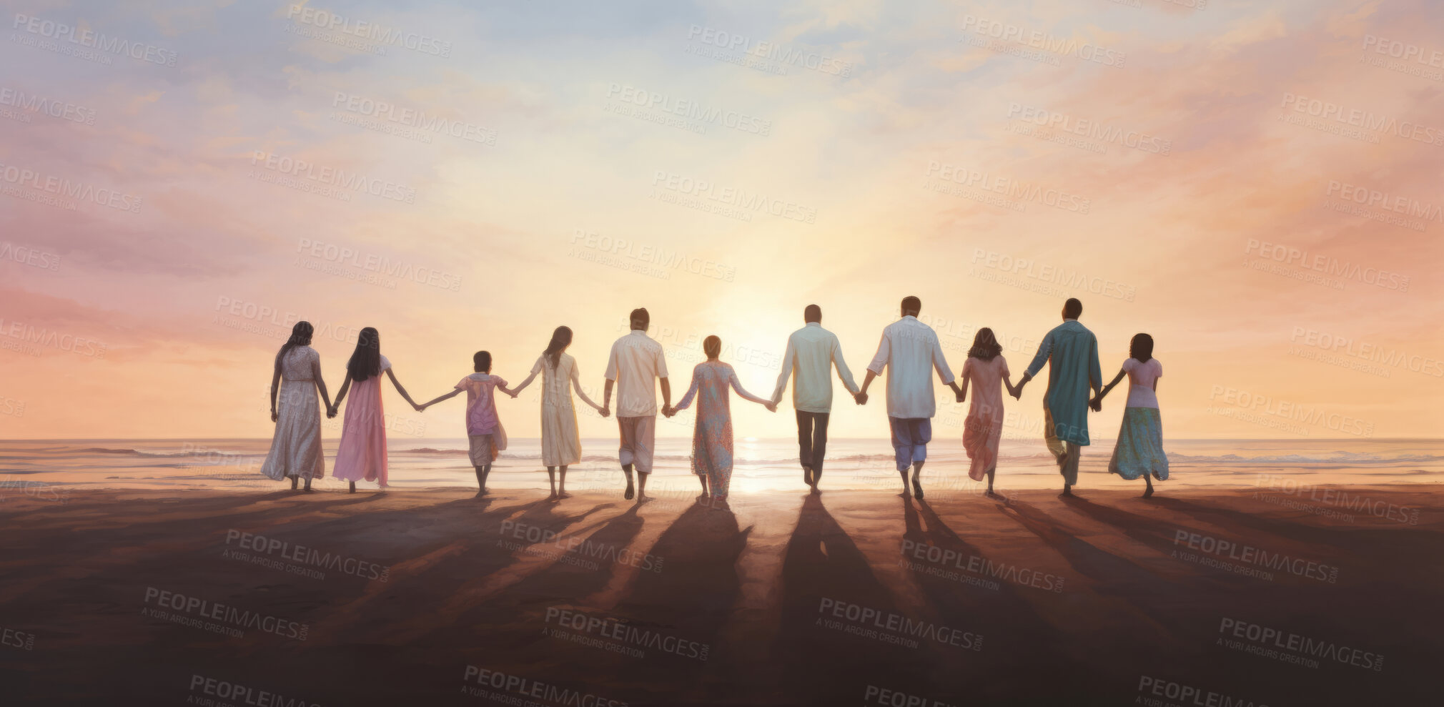 Buy stock photo Illustration of group of people holding hands facing sunset. Peace concept.