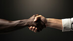 Two males shaking hands. Black backdrop. Studio shot. Peace concept.