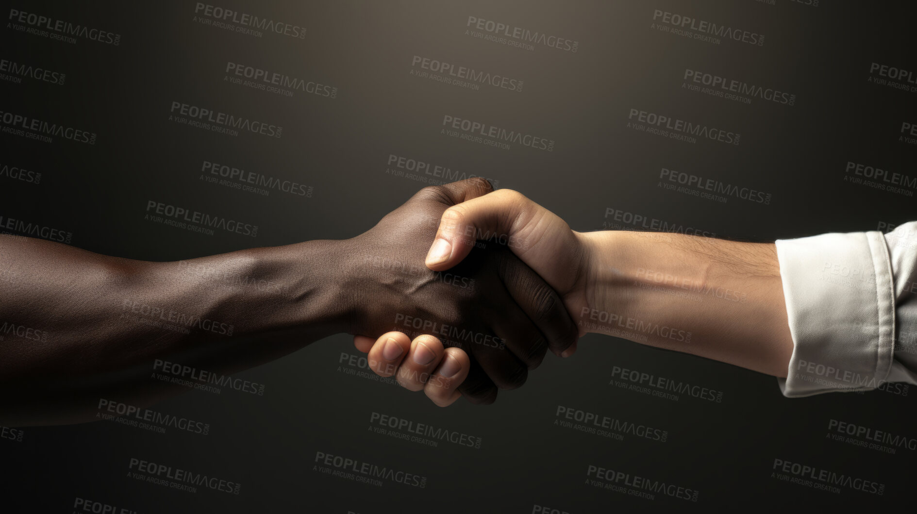 Buy stock photo Two males shaking hands. Black backdrop. Studio shot. Peace concept.