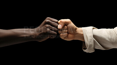 Buy stock photo Fist bump between males. Black backdrop. Studio shot. Peace concept.