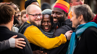Buy stock photo Happy multi raced, religious people embracing. Peace concept.