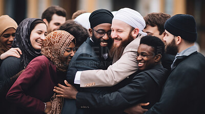 Buy stock photo Happy multi raced, religious people embracing. Peace concept.