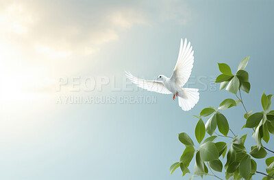 Peace illustrated by white dove. Green branch. Peace concept.