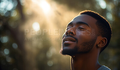 Buy stock photo Close-up portrait of young black male. Eyes closed. Peaceful, prayer.