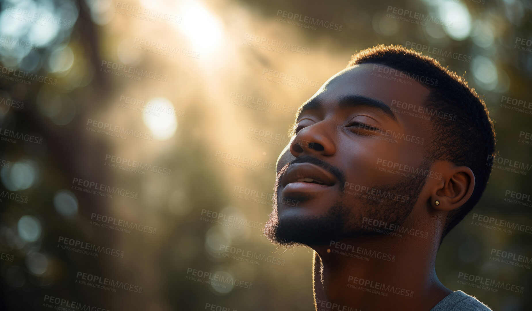 Buy stock photo Close-up portrait of young black male. Eyes closed. Peaceful, prayer.