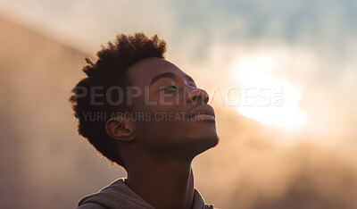 Buy stock photo Close-up portrait of young black male. Eyes closed. Peaceful, prayer.