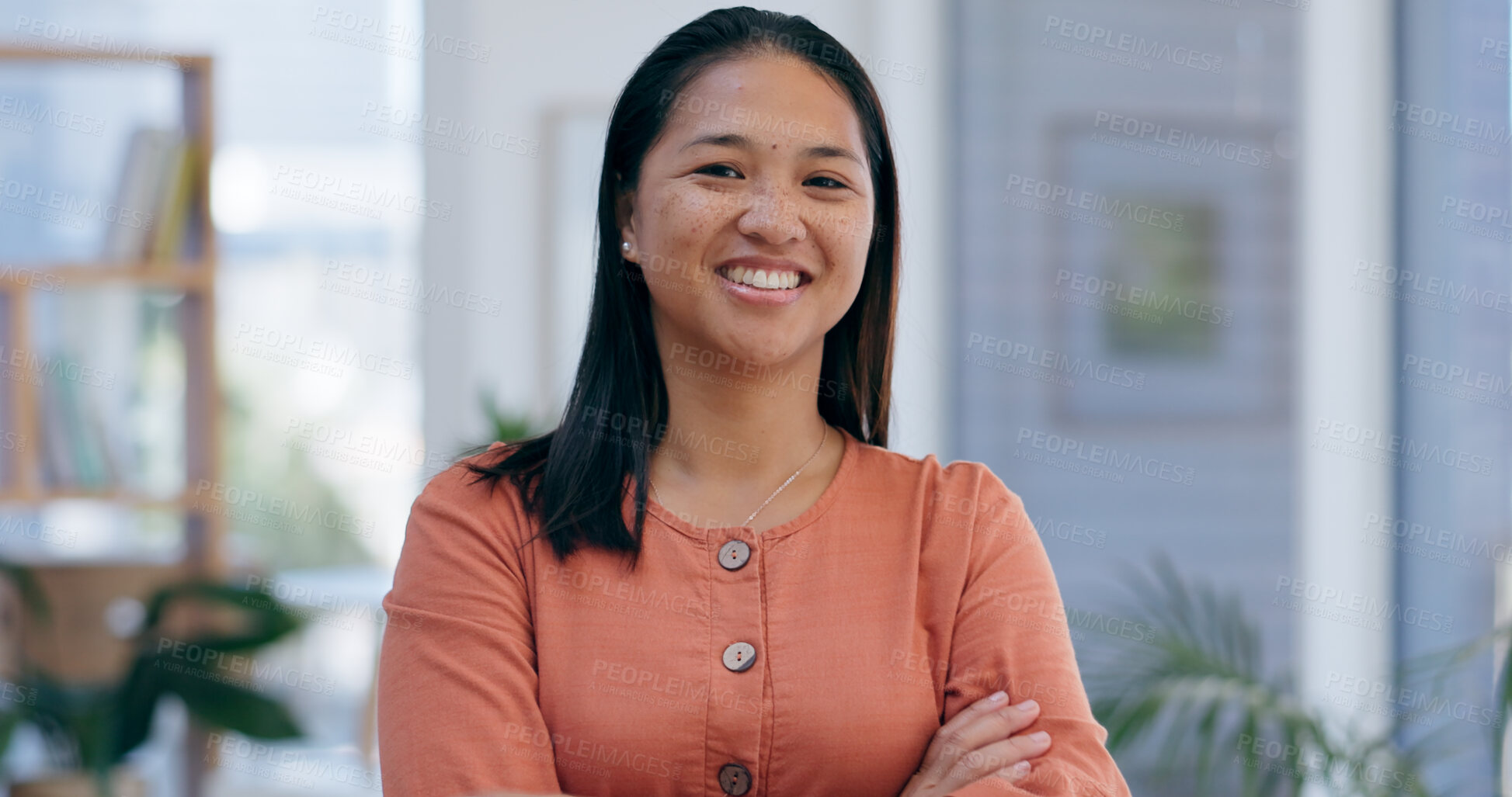 Buy stock photo Portrait, business and woman with a smile, arms crossed and career with success, employee and agency. Face, person and consultant in a workplace, entrepreneur and worker with a startup and office