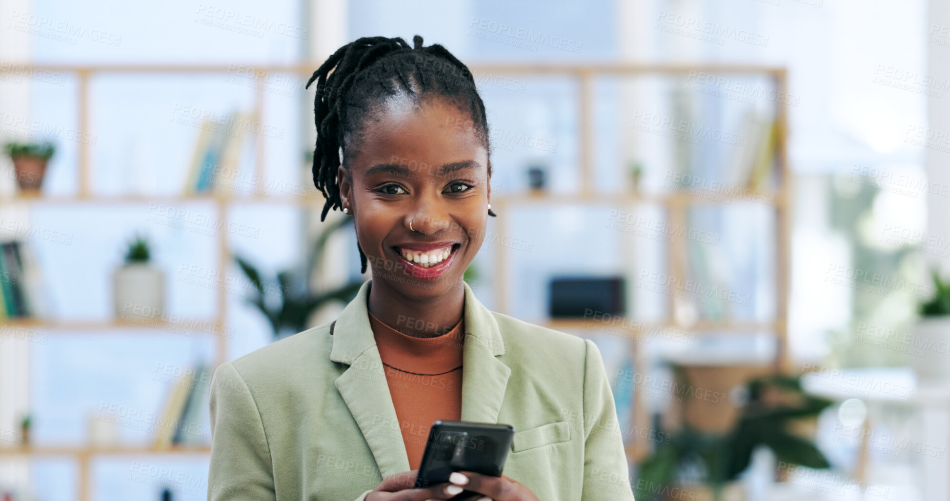 Buy stock photo Happy black woman, portrait and phone for business, social media or networking at office. African female person or employee smile with mobile smartphone for online chatting, texting or communication