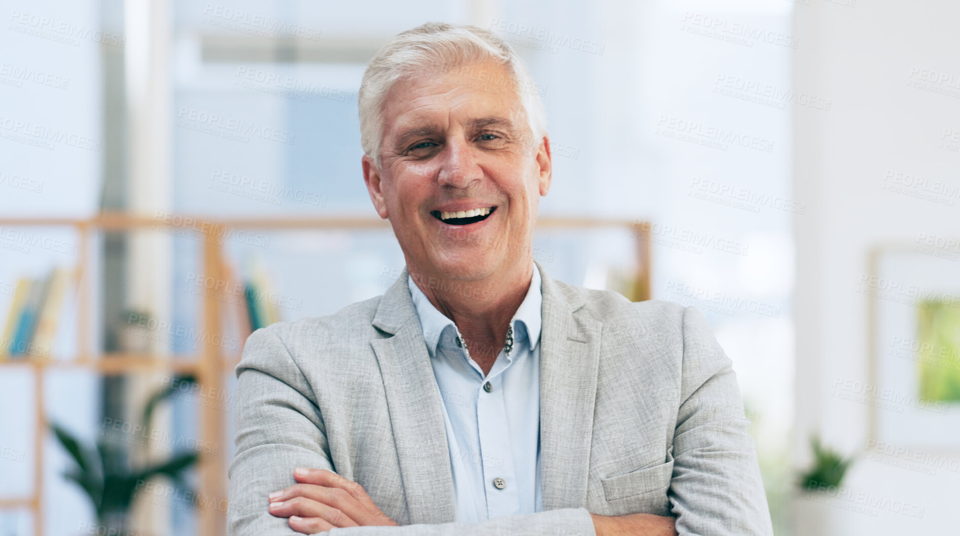 Buy stock photo Portrait, arms crossed and happy senior business man in office with confidence, mindset or positive attitude. Face, smile or old male ceo with pride, laugh or excited at startup advertising agency