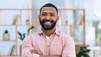 Portrait, business and man with in a workplace, arms crossed and career with success, employee and agency. Face, Mexican person and consultant with a smile, entrepreneur and worker with a startup