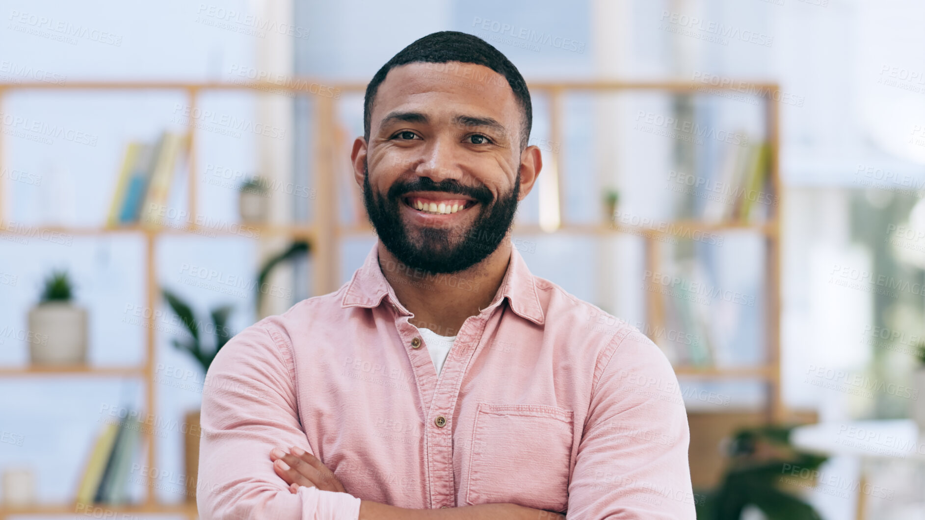 Buy stock photo Portrait, business and man with in a workplace, arms crossed and career with success, employee and agency. Face, Mexican person and consultant with a smile, entrepreneur and worker with a startup