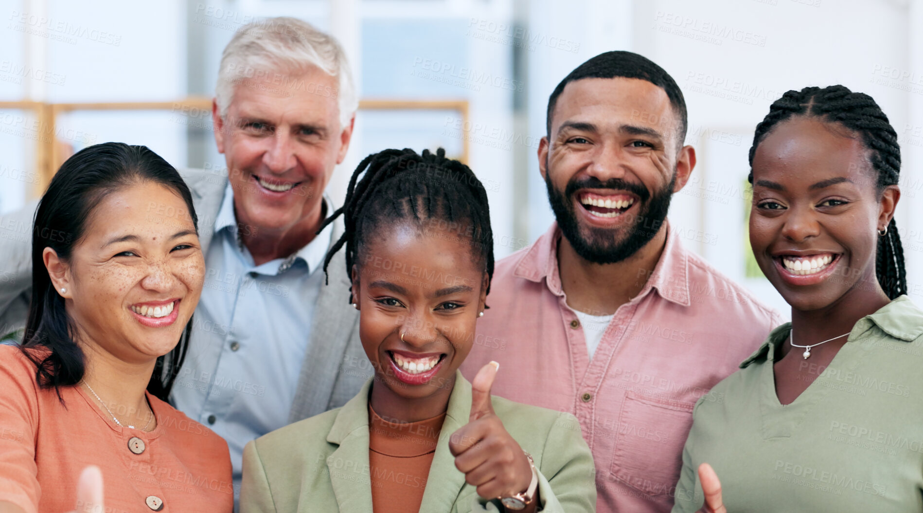 Buy stock photo Portrait, thumbs up and group of business people with smile for success in startup company. Happy face, teamwork and like hand sign for agreement, feedback and winning achievement of workers together