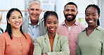 Portrait, smile and team of business people in office, startup company workplace. Happy face, group and professional designers, creative workers and employees in collaboration, about us and coworking