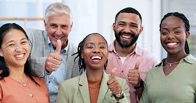 Business people, thumbs up and portrait for success, teamwork celebration and like, winner goals or thank you. Corporate group, employees diversity and face of team for support, yes and okay emoji