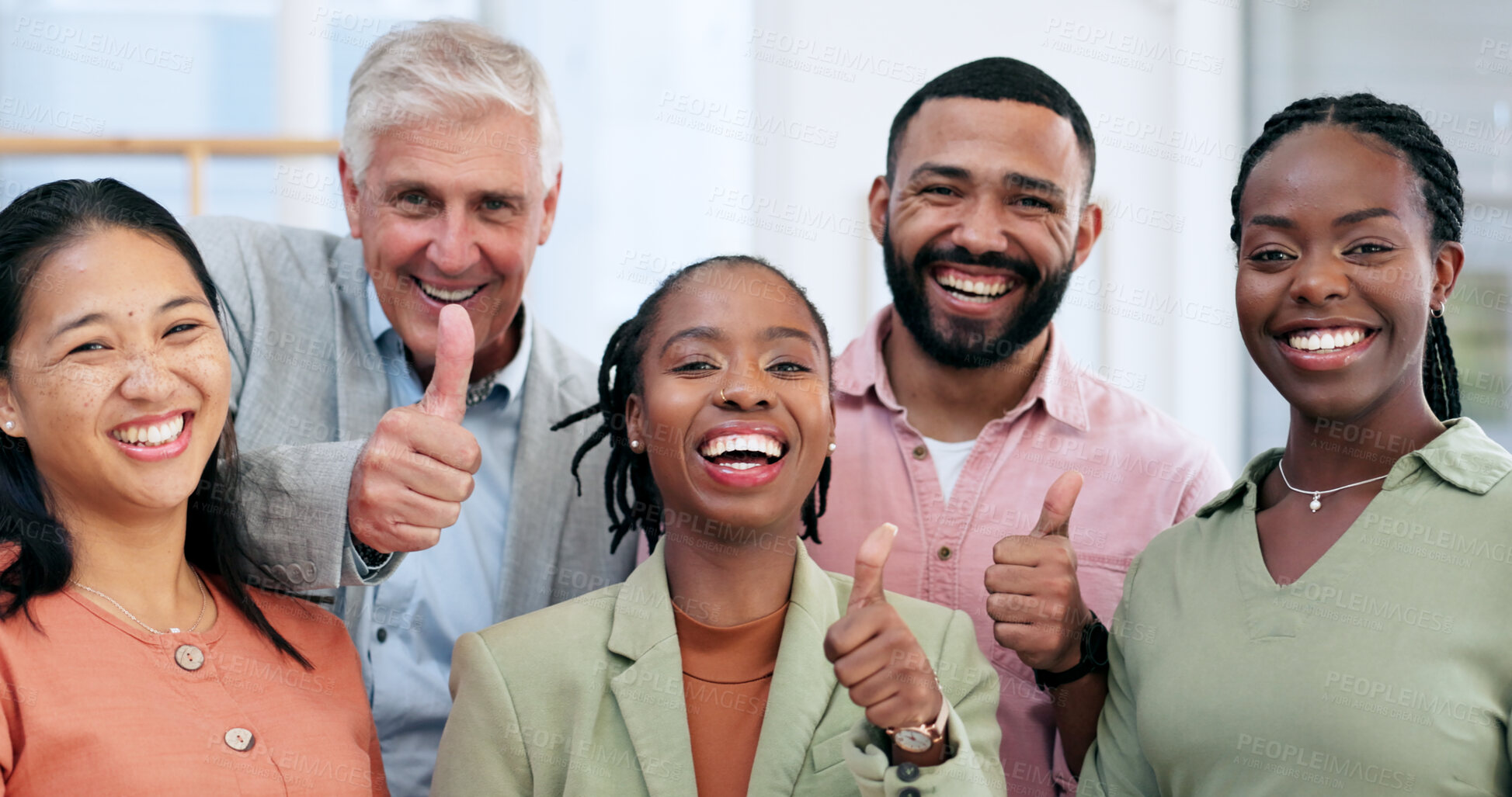 Buy stock photo Business people, thumbs up and portrait for success, teamwork celebration and like, winner goals or thank you. Corporate group, employees diversity and face of team for support, yes and okay emoji