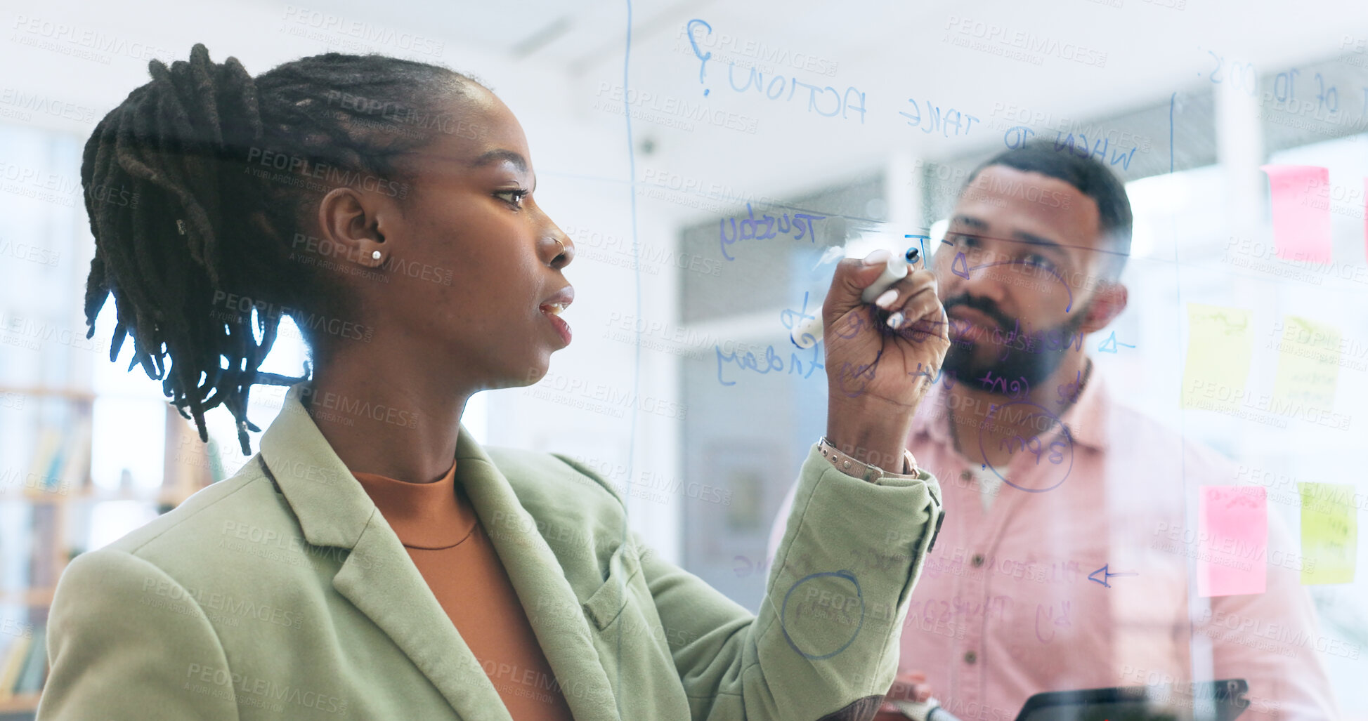 Buy stock photo Planning, writing and business people in office meeting for brainstorming, solution or problem solving. Agenda, schedule and team with calendar management, reminder or coworking on presentation idea