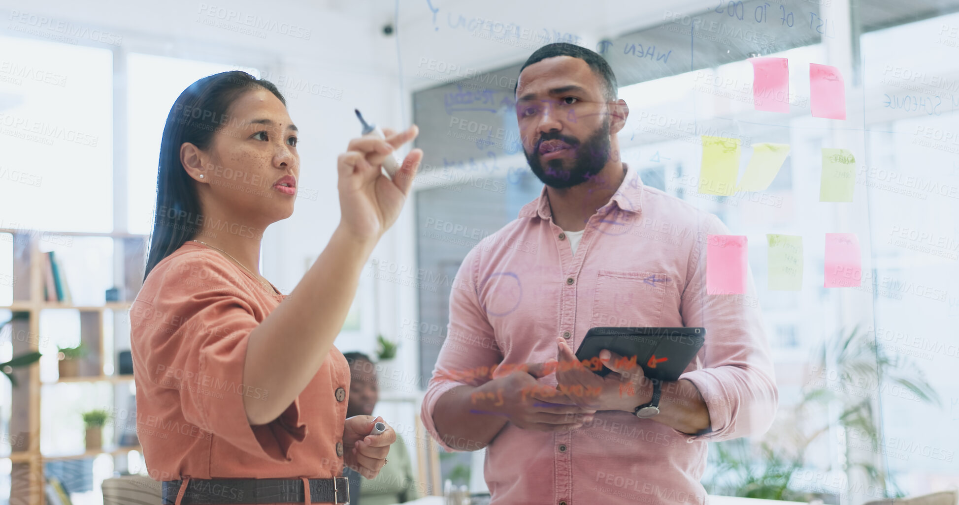 Buy stock photo Thinking, planning and business people on tablet in office meeting for solution, problem solving or research. Calendar, agenda or design team with digital app for schedule, idea or project management