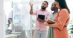 Business people, planning and teamwork in meeting for schedule, tasks or strategy on glass board at office. Group of employees in team brainstorming, idea or reminder for agenda together at workplace