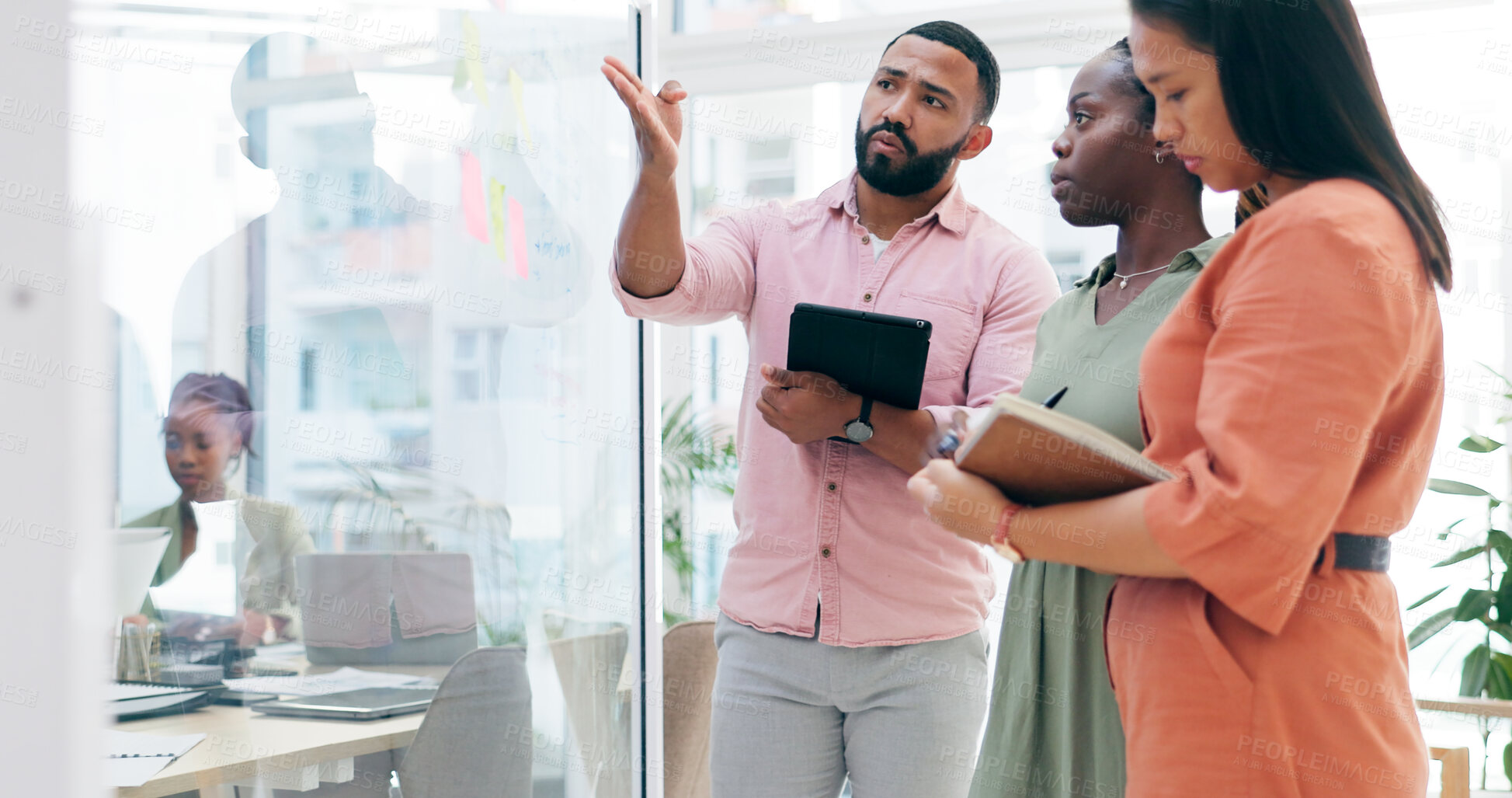 Buy stock photo Business people, planning and teamwork in meeting for schedule, tasks or strategy on glass board at office. Group of employees in team brainstorming, idea or reminder for agenda together at workplace