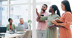 Business people, teamwork and thinking in planning, meeting or notes for strategy on glass board at office. Group of employees in team brainstorming, ideas or reminder for project plan at workplace