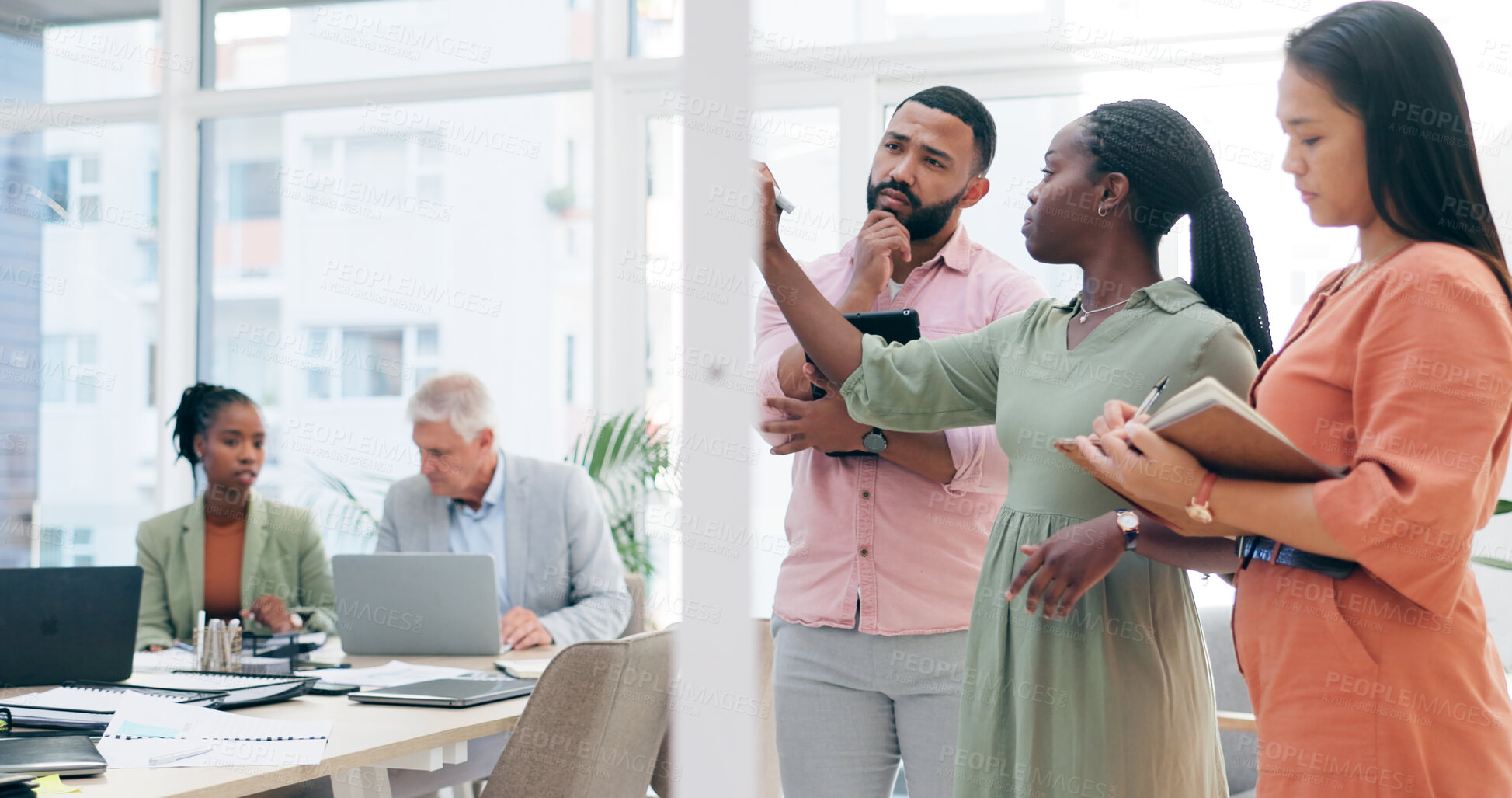 Buy stock photo Business people, teamwork and thinking in planning, meeting or notes for strategy on glass board at office. Group of employees in team brainstorming, ideas or reminder for project plan at workplace