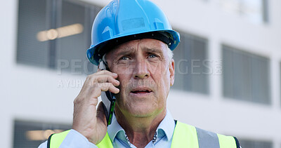 Buy stock photo Construction, architect and old man, phone call and communication, meeting and contact with contractor. Urban development, project management and engineering, networking for infrastructure outdoor