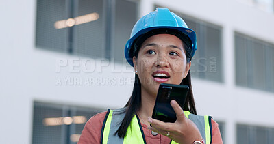 Buy stock photo Outdoor, woman and phone call with engineer, conversation and connection with planning, network and speaking. Person, employee and architect with a smartphone, discussion and feedback in a city