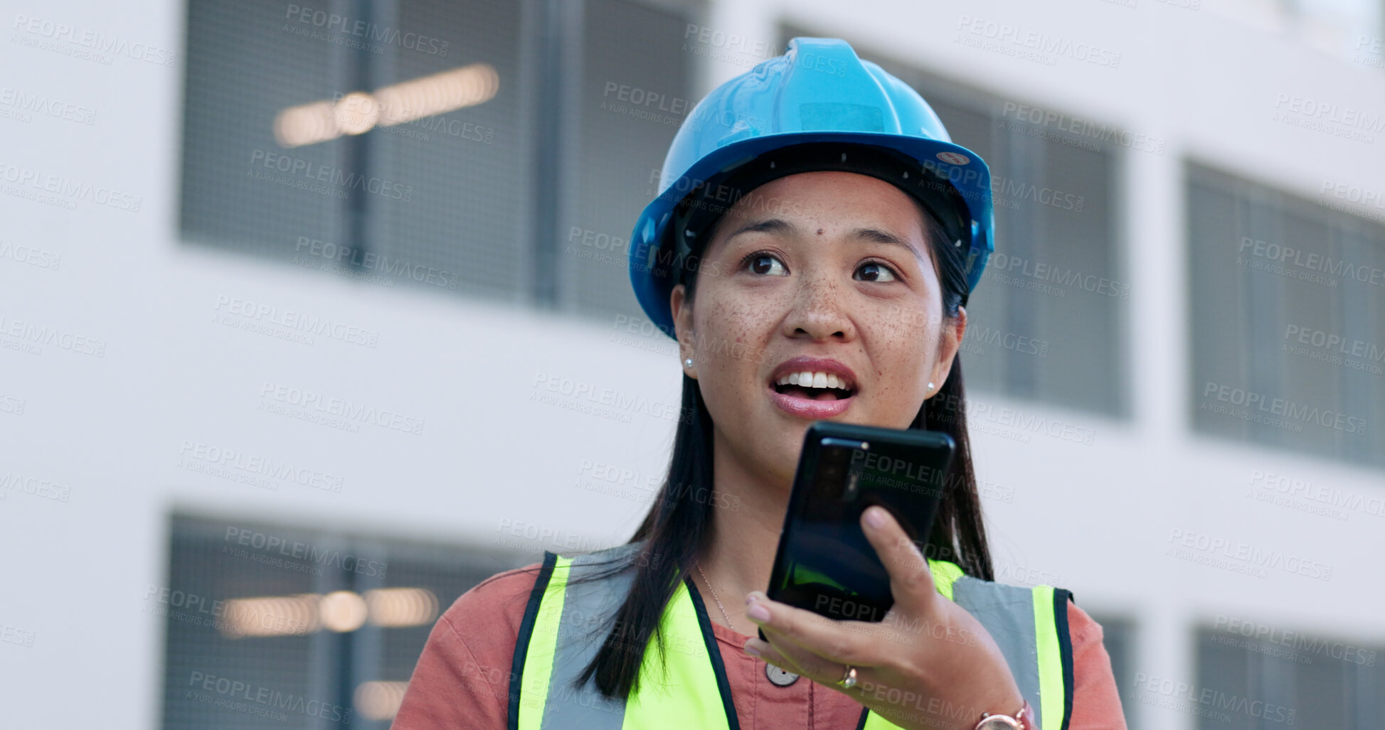 Buy stock photo Outdoor, woman and phone call with engineer, conversation and connection with planning, network and speaking. Person, employee and architect with a smartphone, discussion and feedback in a city