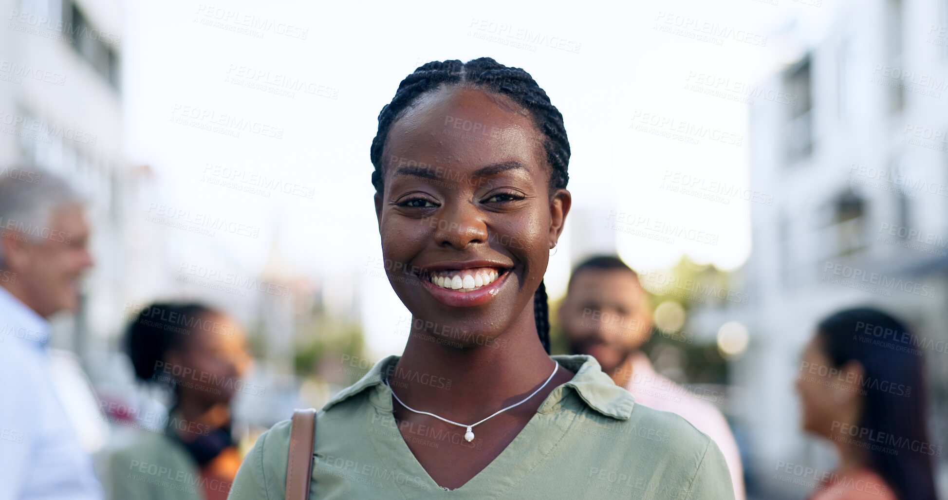 Buy stock photo Portrait, outdoor and black woman with business, smile and career with agency, company and startup. Face, African person and employee in a city, team and blurry background with consultant and agent